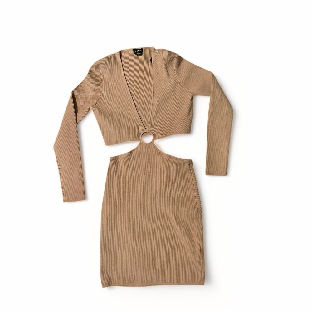 Bebe Ribbed Knit Ring Side Cutout Bodycon Dress long sleeve Plunging vneck XXL